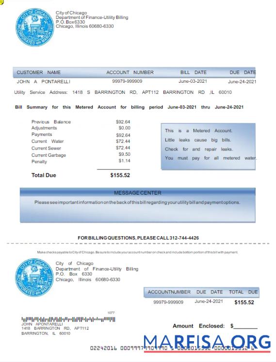 Blank USA CITY OF CHICAGO utility bill Word and PDF template